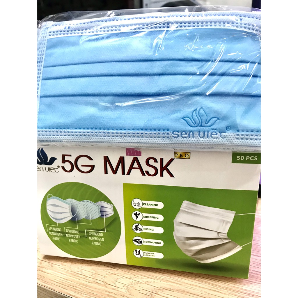 Khẩu Trang Y Tế 4 Lớp 5G Mask Pro - Sen Việt - hộp 50 cái màu xanh