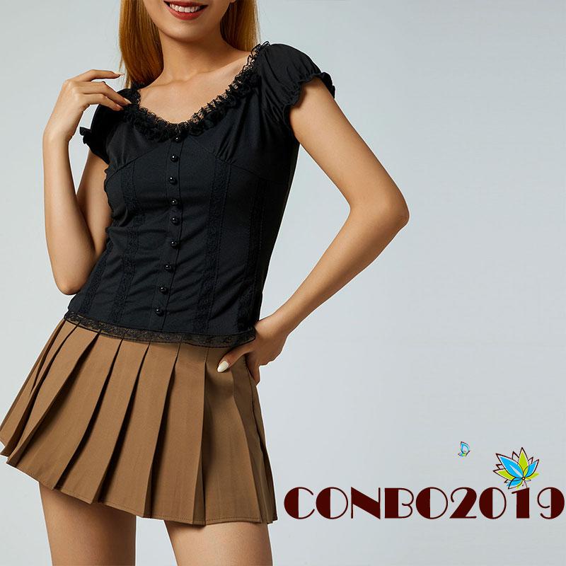 Áo Thun Tay Ngắn Cổ Chữ V Phối Bèo Viền Bèo Màu Sắc Trơn Kiểu Vintage Thời Trang Mùa Hè Cho Nữ