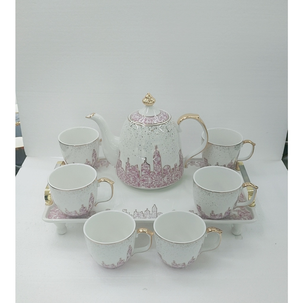 Bộ bình trà  kèm khay, ấm bầu trắng pha tím- màu trắng pha xanh dương viền vàng cao cấp