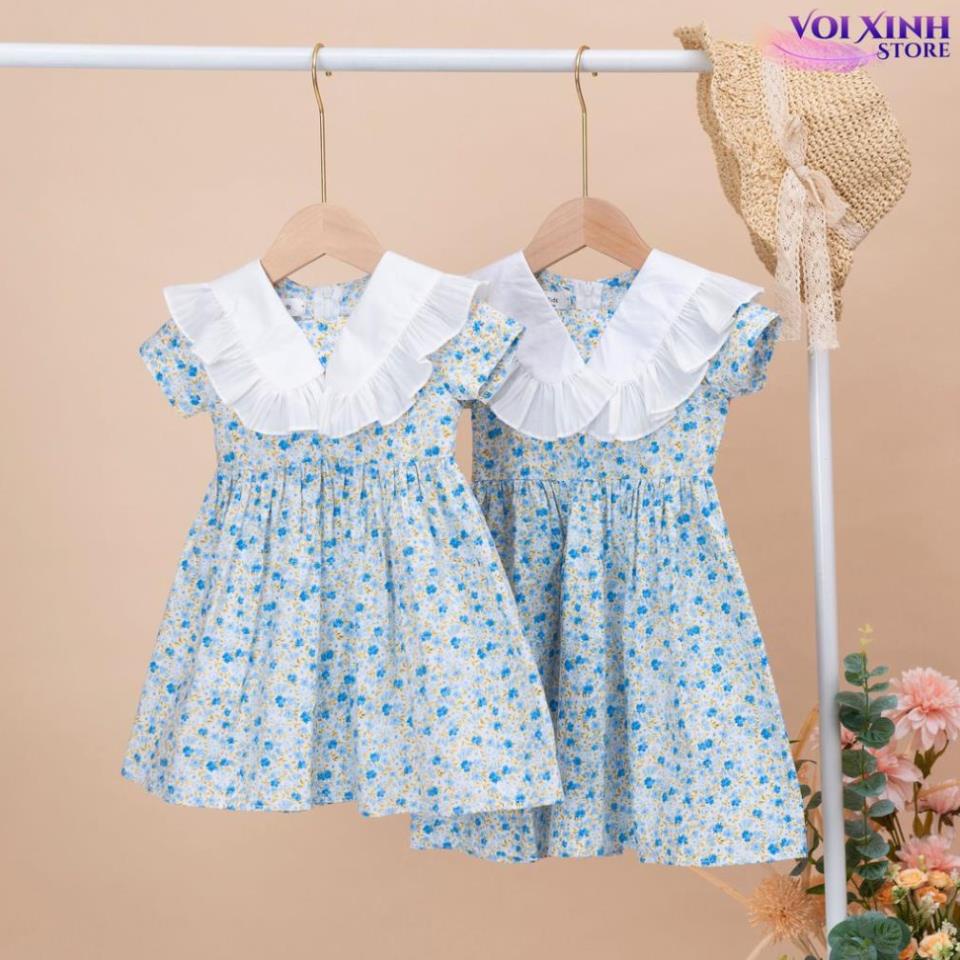 Váy bé gái, đầm bé gái hoa nhí màu xanh cho bé gái cực xinh