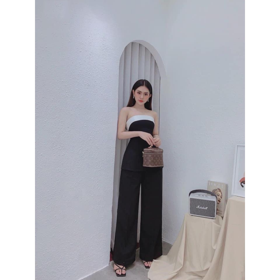 Áo cúp ngực trễ vai đen viền trắng xẻ lai siêu xinh