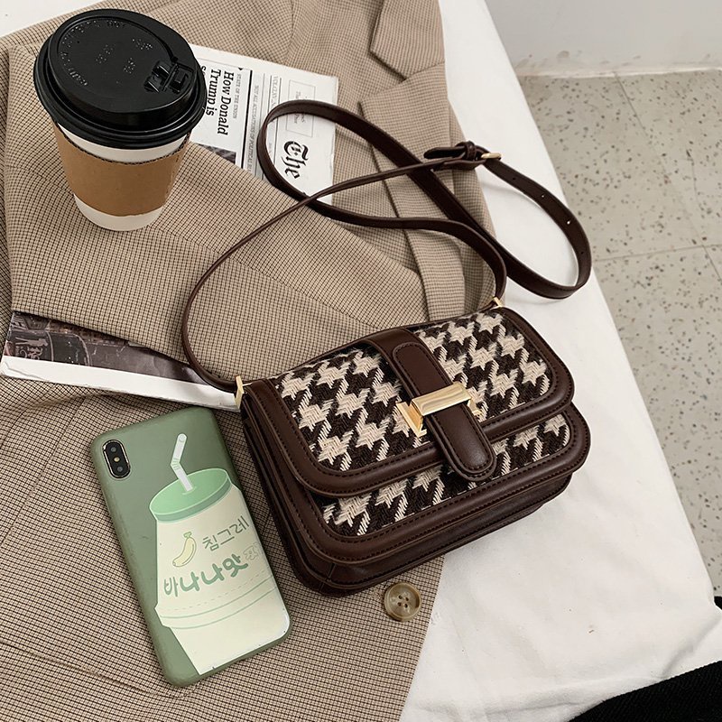Túi đeo chéo hình vuông cỡ nhỏ họa tiết houndstooth đơn giản phong cách phương Tây sành điệu IELGY