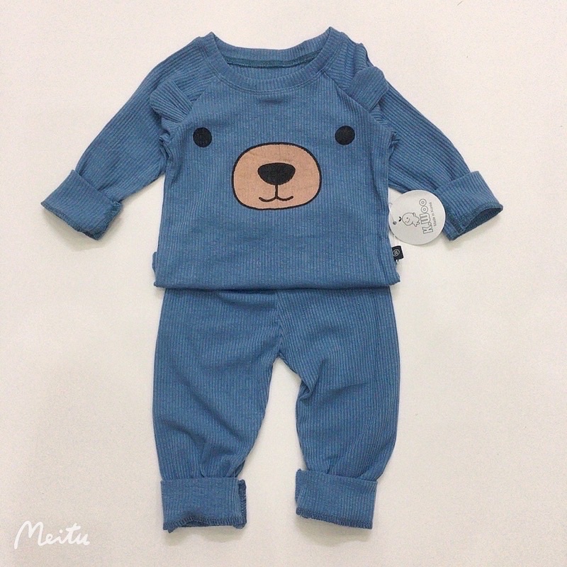 Bộ thu đông dài tay cho trẻ em 8-19kg, mẫu in mặt gấu chất gân tăm