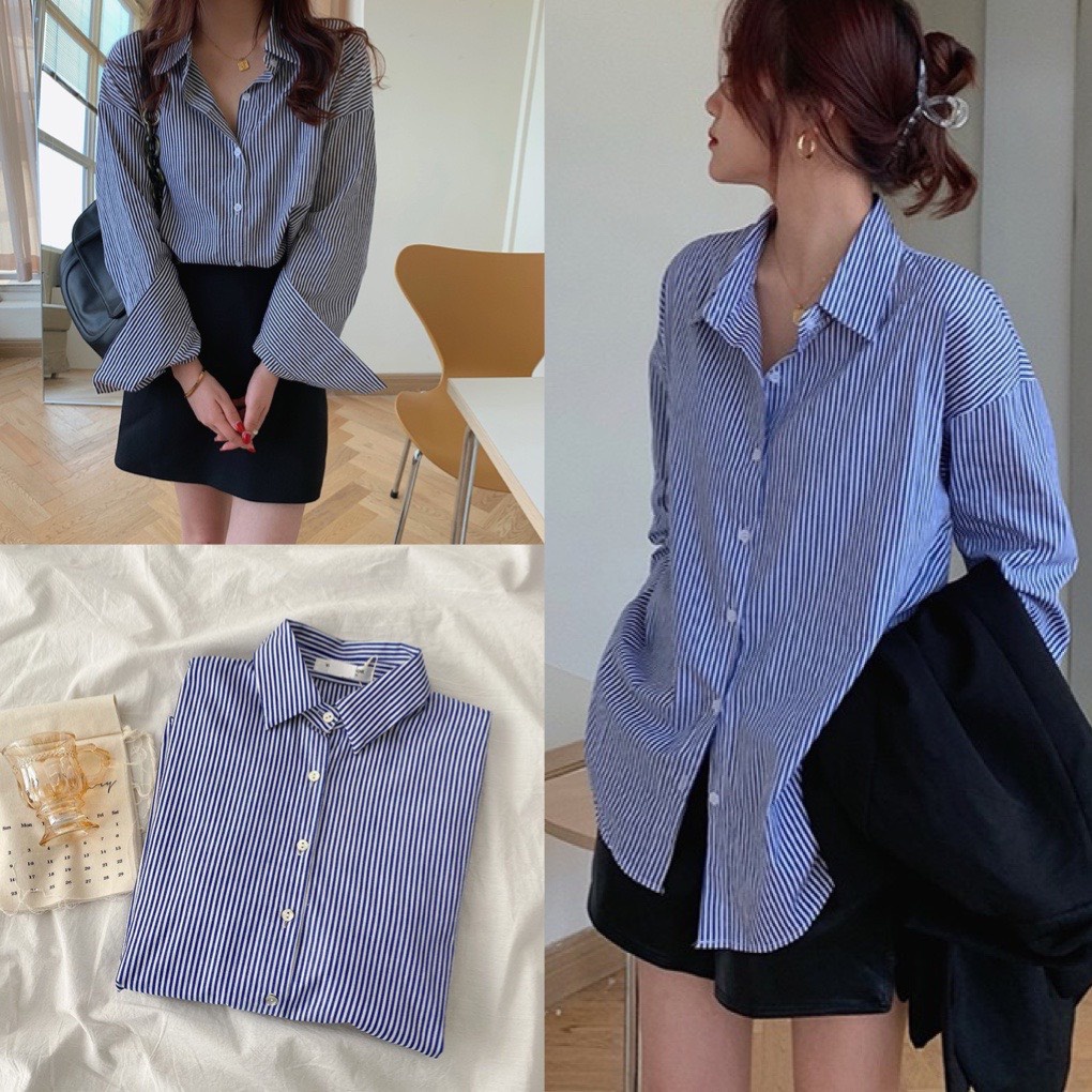 Áo sơ mi tay dài oversize chất thô mát mềm không nhăn kẻ sọc xanh phong cách ulzzang hàn quốc