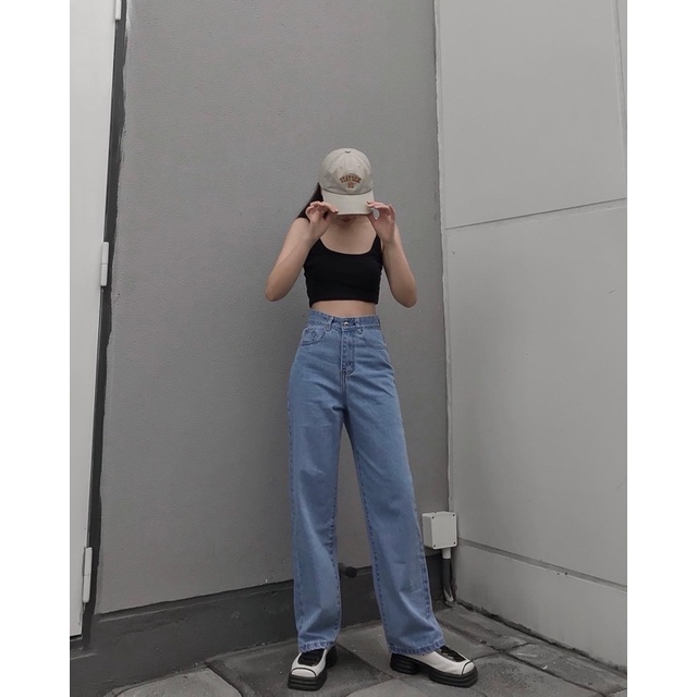 (Hình Thật Shop Chụp) Quần Jeans Ống suông Trơn  Nữ Lưng Cao Màu Xanh Shop Yuri Jeans