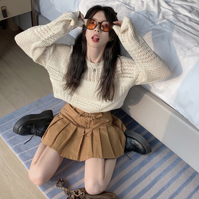 Áo Crop Top Dệt Kim Tay Dài Cổ Tròn Dáng Ôm Khoét Rỗng Thanh Lịch