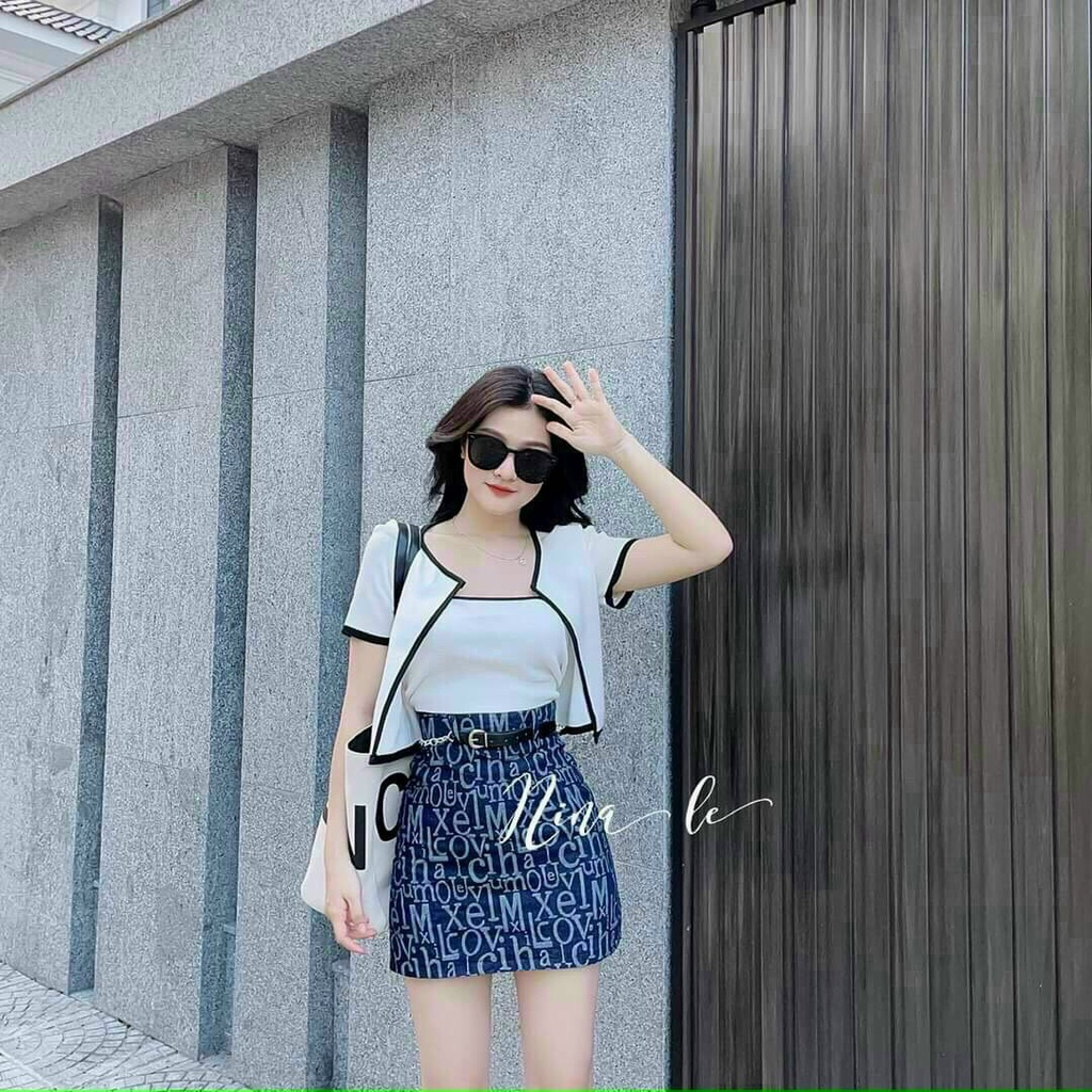 Sét 3 món nữ áo khoác, áo hai dây phối chân váy in hoạ tiết