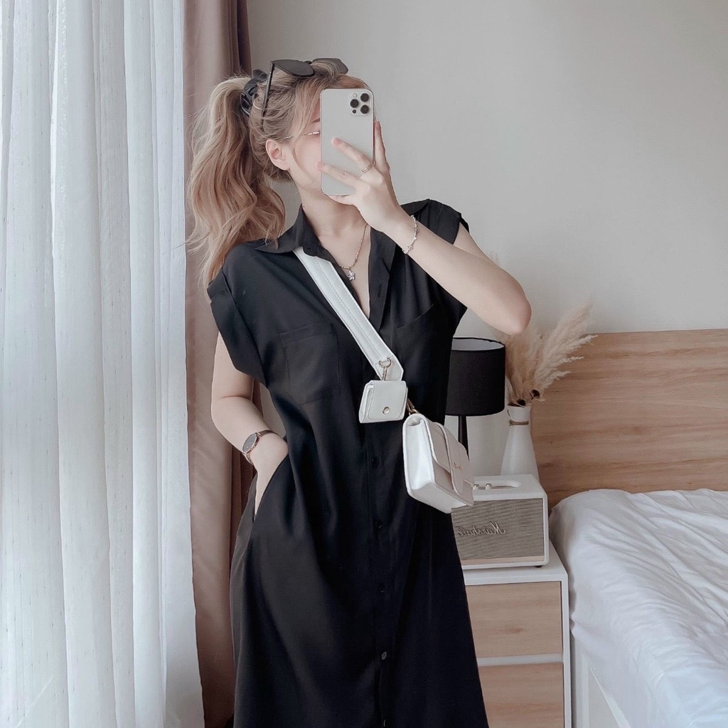 [HCM] Đầm Nữ From Rộng Cổ Sơ Mi Cài Nút Có Túi Thời Trang Nữ Sam Closet Free Size 40-55kg