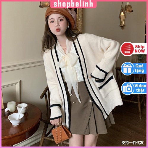 Áo cadigan, áo khoác len dáng rộng oversize đen trắng có túi tay bo ống - shopbelinh