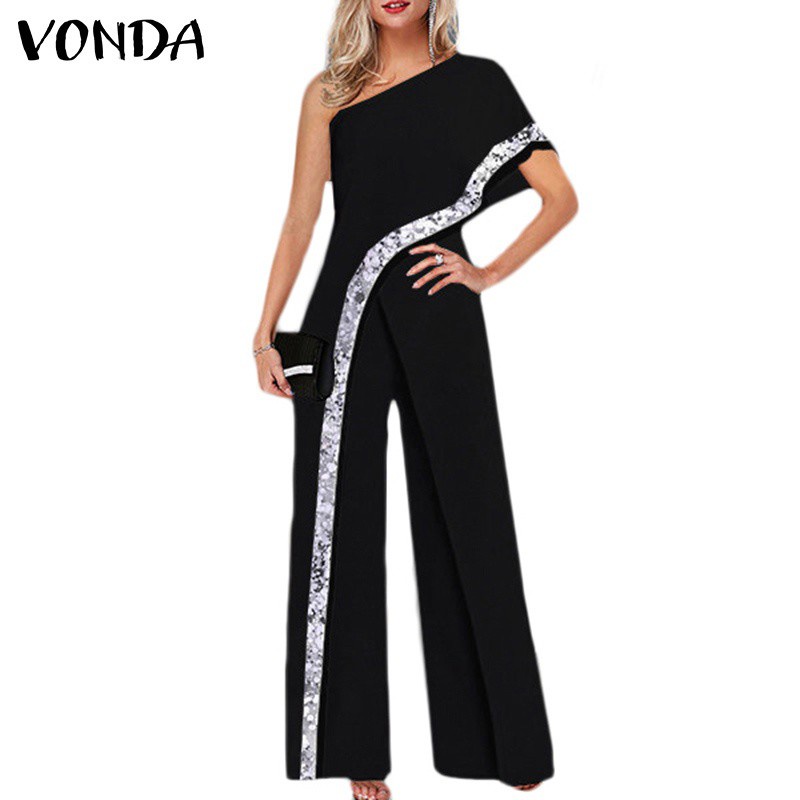 Jumpsuit VONDA dài ống rộng tay ngắn 1 vai gợi cảm in Vintage