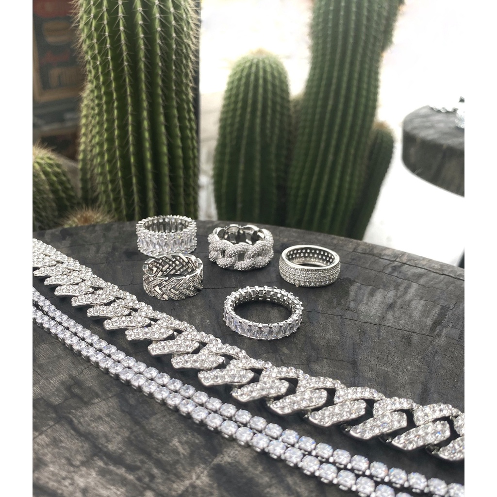 Nhẫn thời trang nam nữ cuban đính đá cubic ziconia mã vàng trắng 18K - mẫu N046