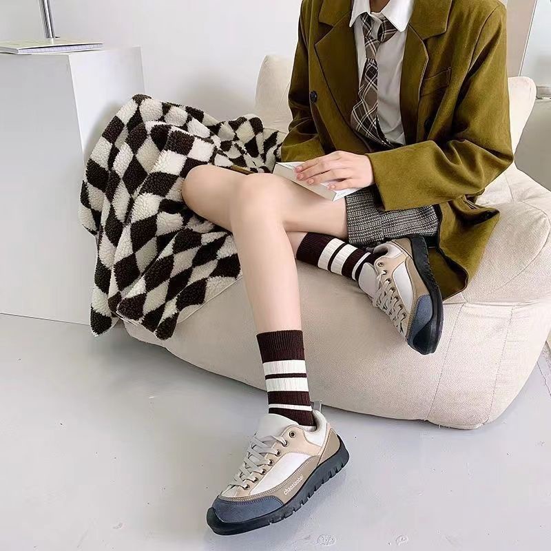 Hàng Có Sẵn#Năm Cặp Vớ Cổ Trung Kẻ Sọc Thêu Hình Gấu Dễ Thương Thời Trang Thu Đông Cho Nữ