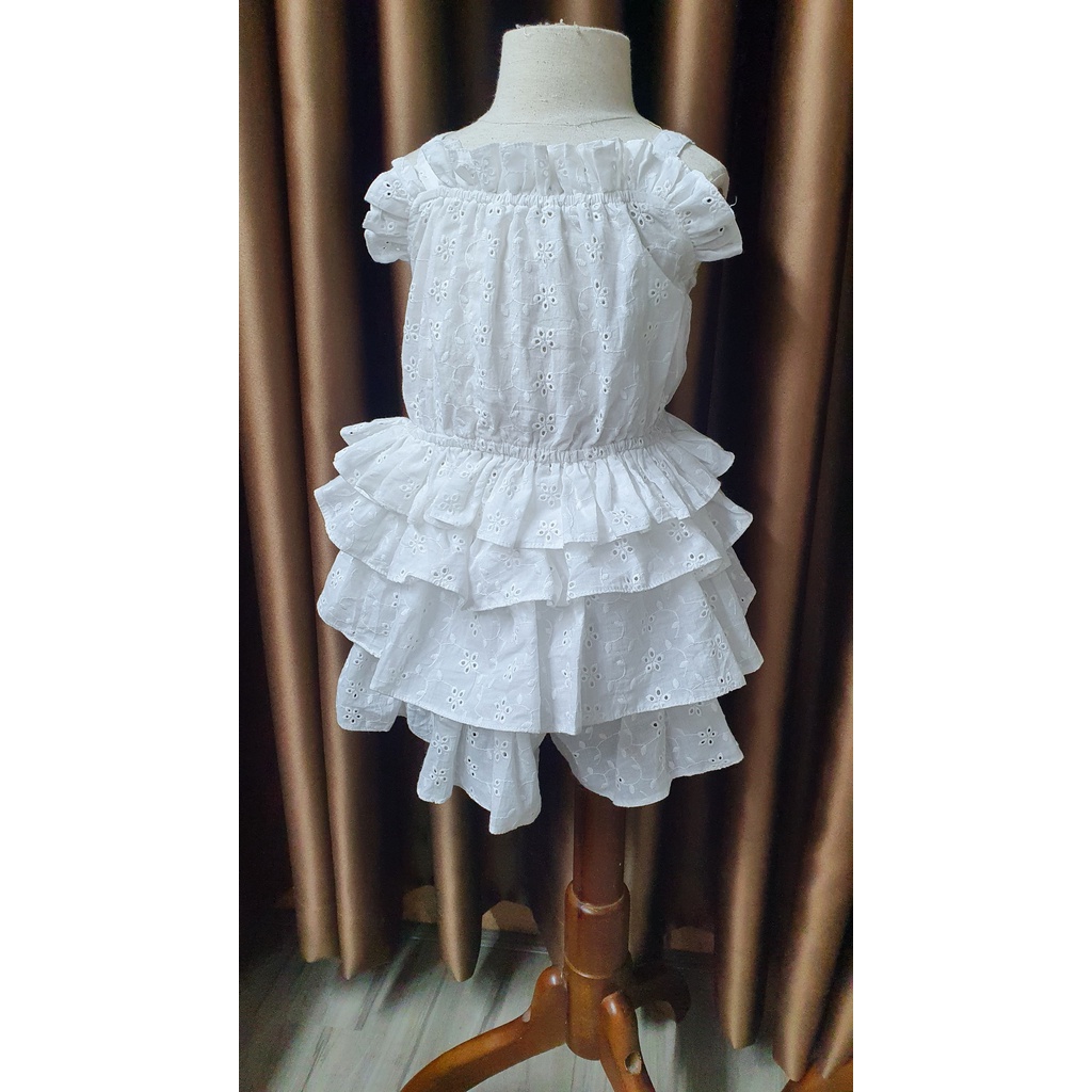 Set áo hai dây kèm quần váy 3 tầng ren lỗ MiniCloset made in Korea thoáng mát cho bé gái 1 2 3 4 5 6 7 tuổi Hàn Quốc