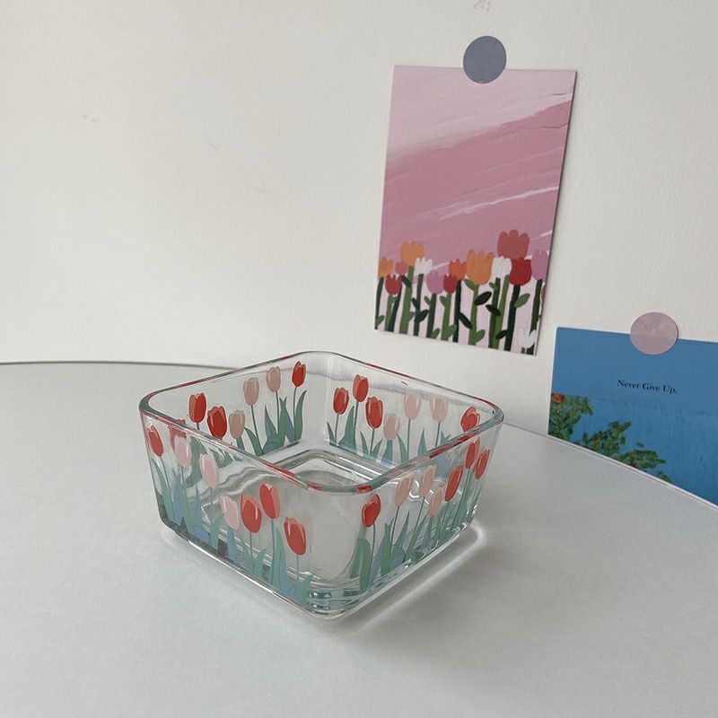 Cốc Ly Thủy Tinh Tulip Uống Trà Sữa và Trang Trí In Hình Hoa Tulip