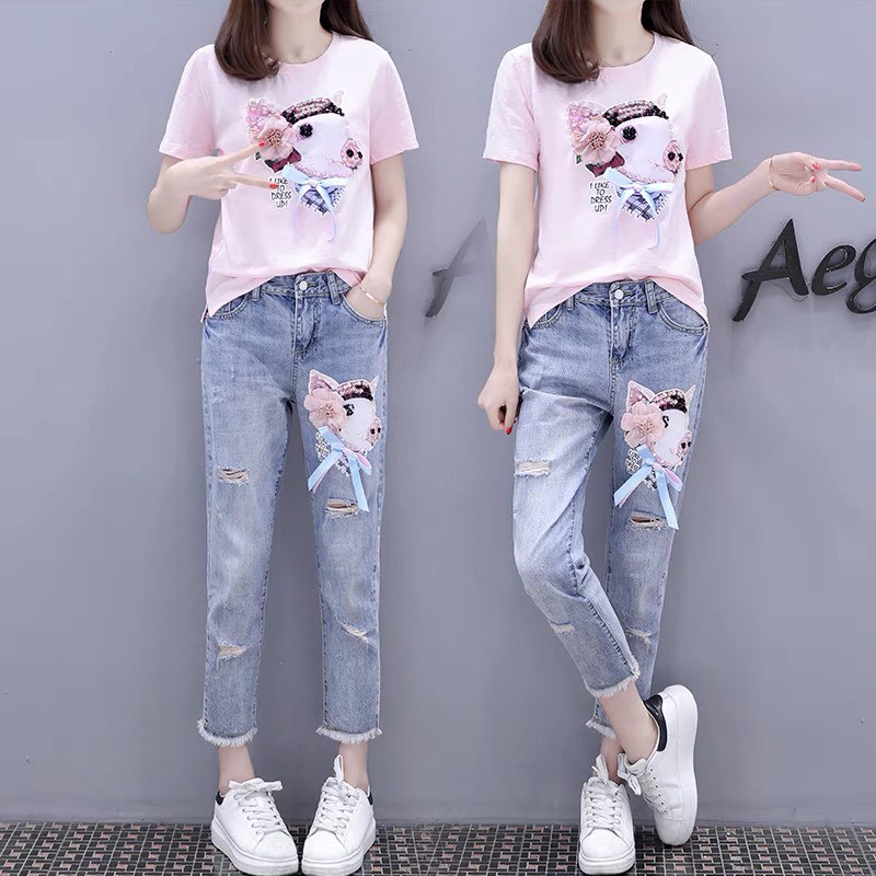 [SET ĐỒ] Set Trang Phục Nữ Áo Phông +Quần Jeans Dài Năng Động