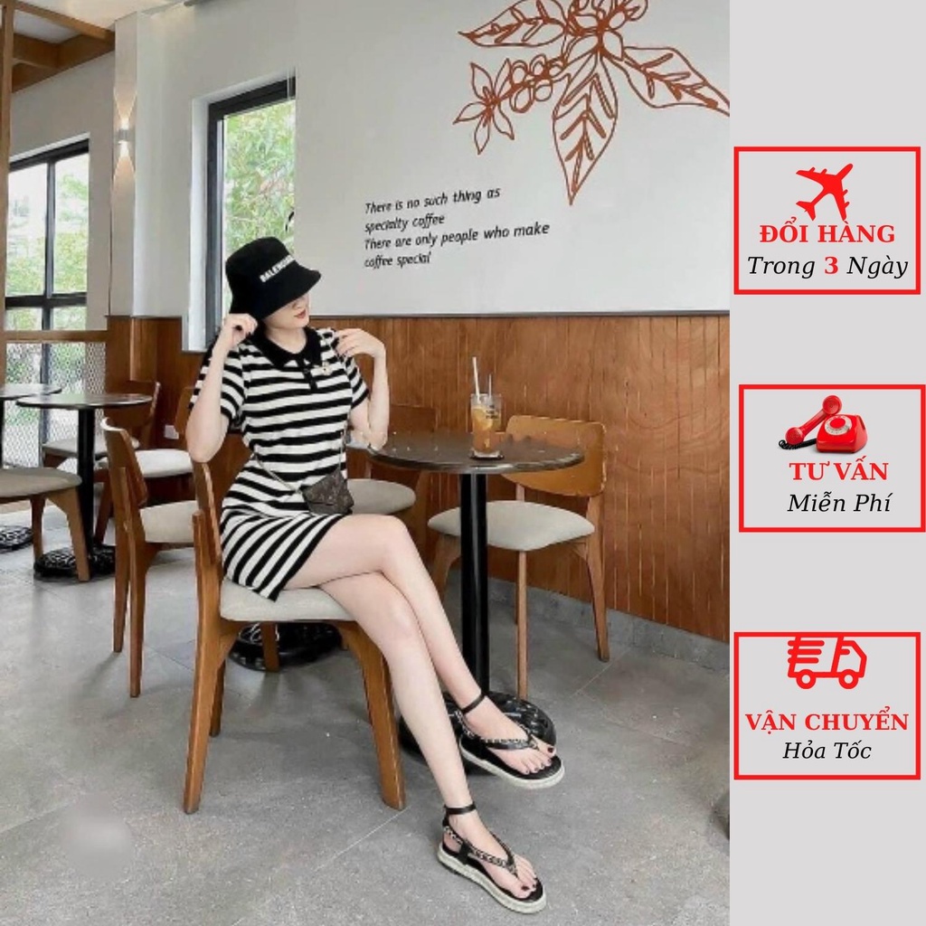 Váy polo len nữ kẻ ngang đen trắng họa tiết gấu dáng ôm body tiểu thư bánh bèo thể thao ulzzang Hàn Quốc