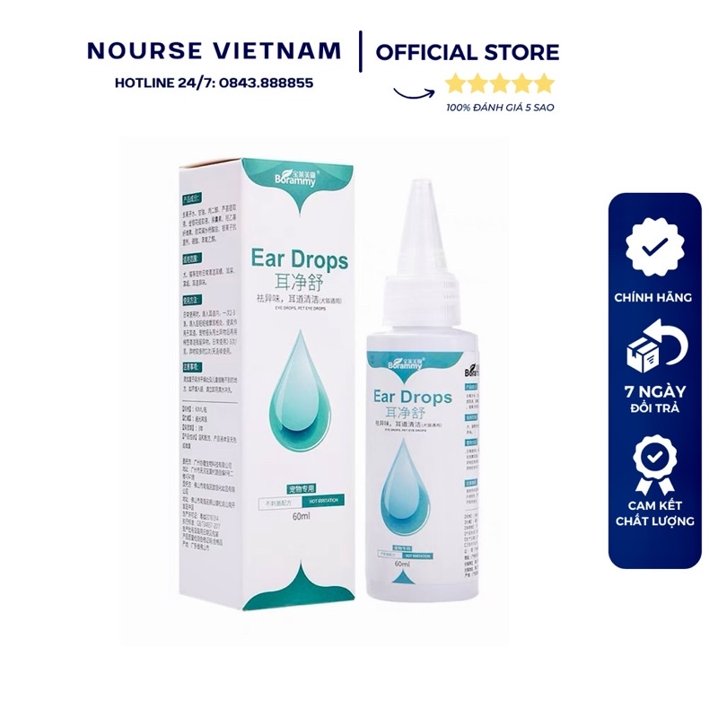 Nhỏ tai Borammy làm sạch tai và hỗ trợ ngừa viêm tai cho chó mèo (60ml)