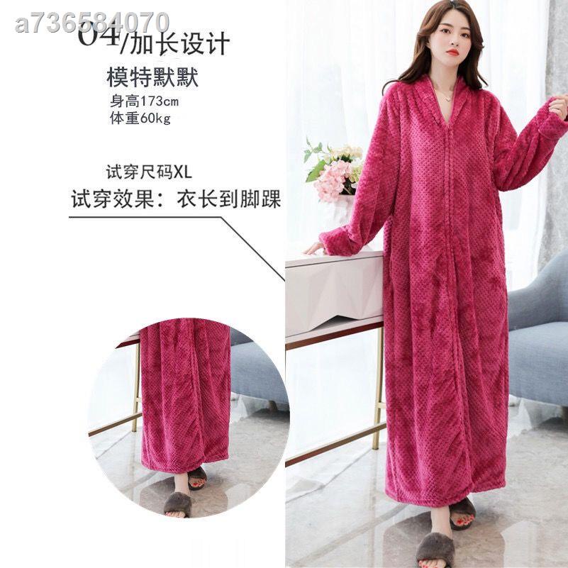 Oyster☎Áo choàng tắm dáng dài phối khóa kéo bằng vải Flannel thời trang mùa thu đông dành cho nữ | BigBuy360 - bigbuy360.vn