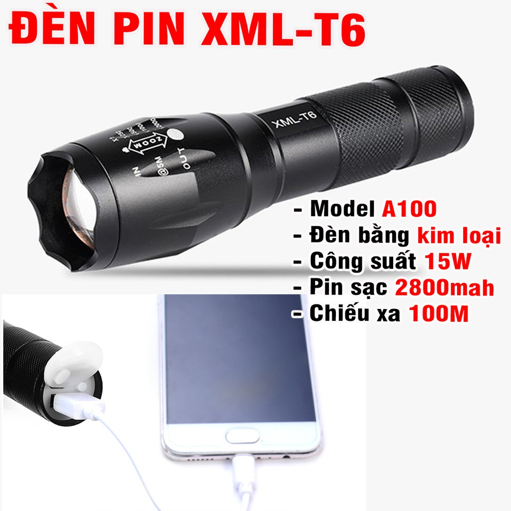 Đèn pin mini cầm tay kiêm sạc dự phòng cho điện thoại Model XML-T6 A100 đèn bằng kim loại kèm dây sạc