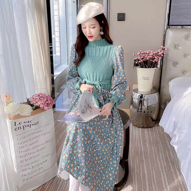 Autumn and winter Korean style stitching long knitted thin skirt fashion floral knitted dress