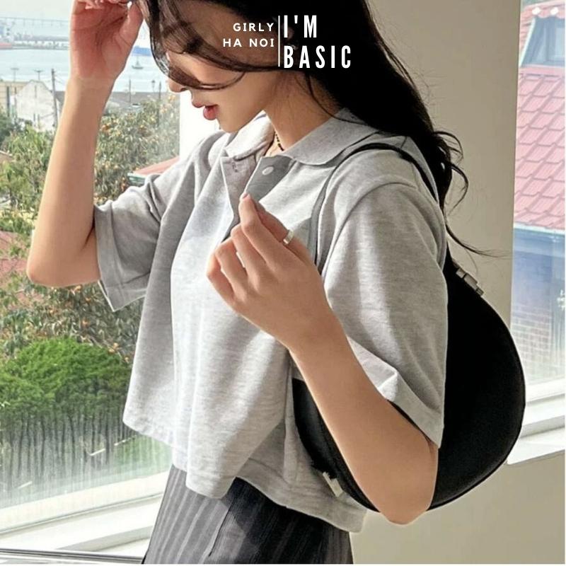 Áo croptop I'm Basic Girly nữ màu trắng cổ polo vải cotton co giãn thoáng mát croptop ngắn tay thun đẹp (APL02) | BigBuy360 - bigbuy360.vn