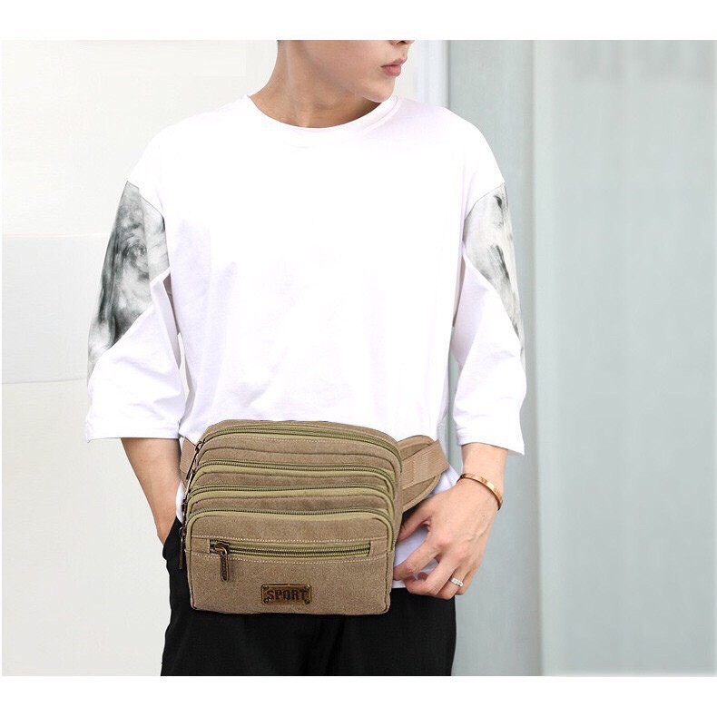 Túi bao tử đeo chéo, đeo thắt lưng vải canvas 4 ngăn thời trang nam T68 21x13x10cm