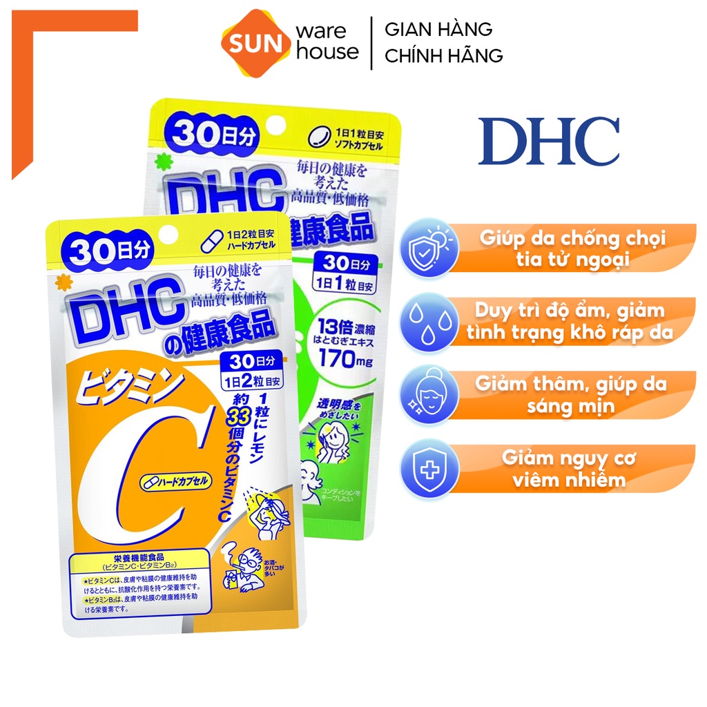 Combo Viên Uống DHC Vitamin C Và DHC Adlay Extract Giúp Giảm Thâm Mụn, Dưỡng Da Trắng Hồng Căng Mịn 30 Ngày