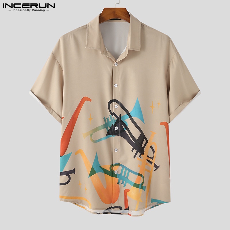 Áo sơ mi INCERUN tay ngắn in hình kèn trumpet phối nút thời trang đi biển cho nam