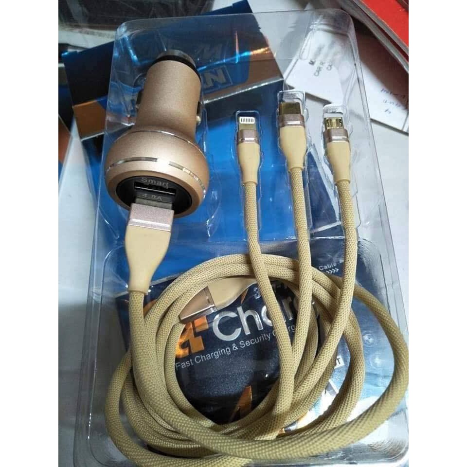 [Chính hãng Pugan] Tẩu sạc Pugan 4.8A dây sạc 3 đầu, sạc nhanh điện thoại và thiết bị điện tử, bộ sạc 3 trong 1 cao cấp