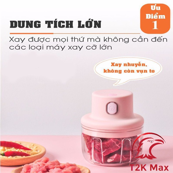 Máy Xay Tỏi Ớt Mini Cầm Tay Đa Năng Dung Tích 250ml Có Cổng Sạc Usb - T2K Max