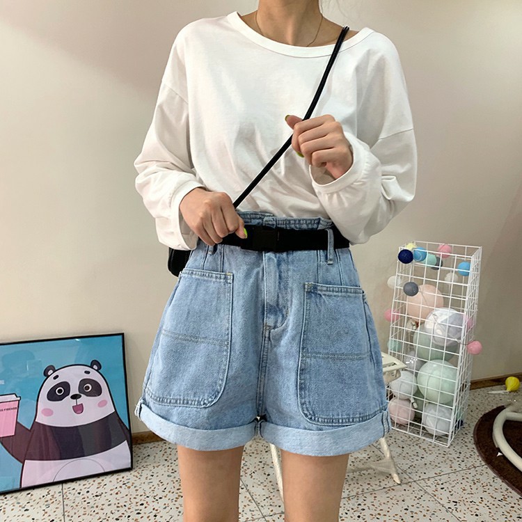 Quần Short Jean Nữ 2 Túi Bigtoe Ống Rộng Gập Gấu Lưng Cao Màu Xanh Nhạt - 513 | BigBuy360 - bigbuy360.vn