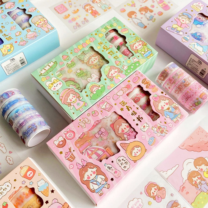 Set 9 tấm sticker 5 cuộn washi siêu cute nhiều chủ đề dễ thương