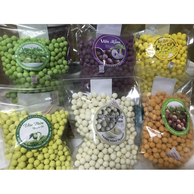 Combo 1 túi 500g viên mầm việt quất, matcha, sữa, cacao, khoai môn, dâu, 30 túi zíp 100g