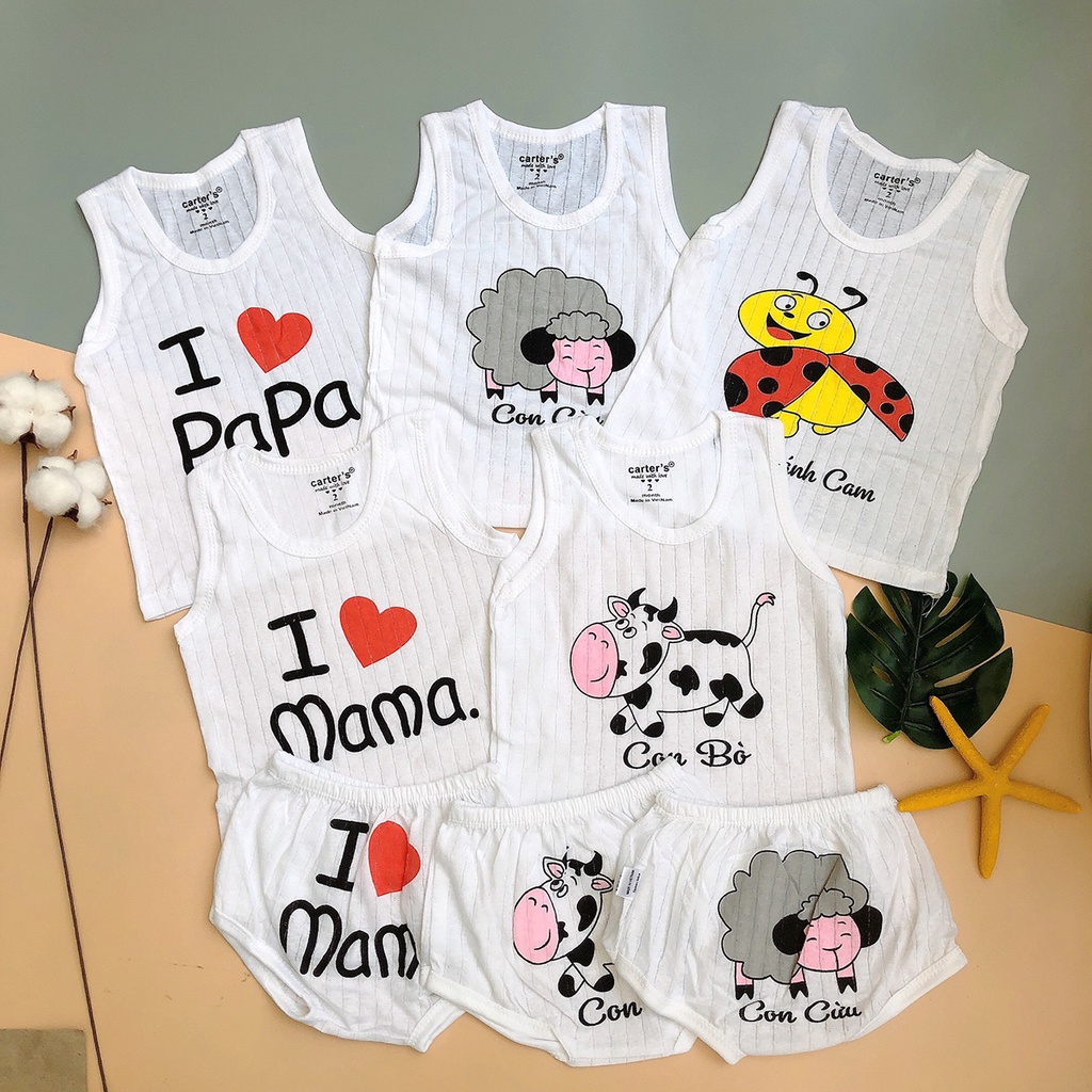 Bộ Ba Lỗ Quần Chip Cotton Giấy Màu Trắng Cho Bé Trai Bé Gái - Quần Áo Sơ Sinh - Đồ Mặc Ngủ Cho Bé Sơ Sinh 3kg Đến 14kg
