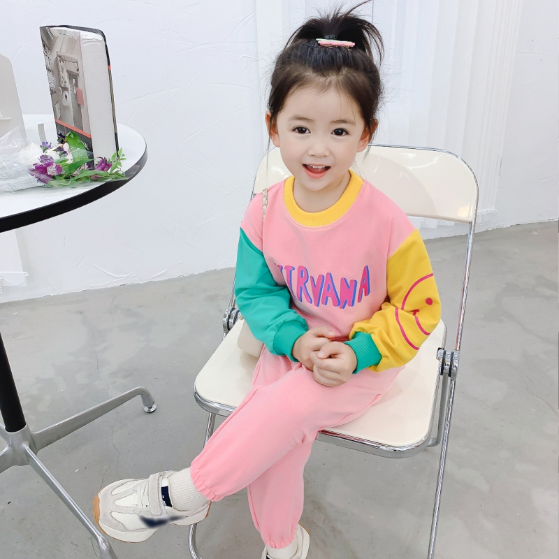 Bộ Đồ Thể Thao Hai Mảnh Áo Sweater Tay Dài In Hình Mặt Cười Màu Sắc Thời Trang Hàn Quốc Dành Cho Bé Gái