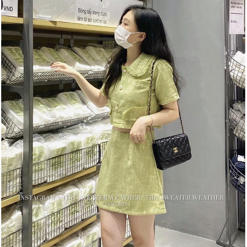 Set họa tiết kẻ dạ răng sói sang chảnh Set áo kèm chân váy trẻ trung