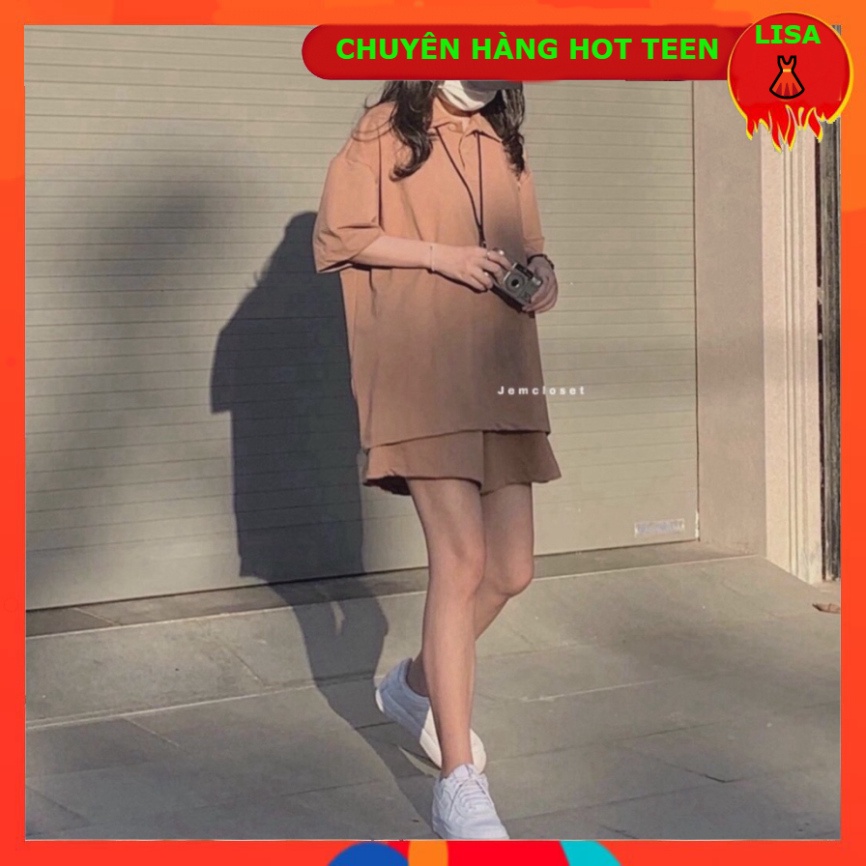 Set Đồ Nữ Áo Thun Cổ Polo Mix Quần Đùi Thun Thể Thao Nâu Đen - Bộ Áo Kiểu Cổ Bẻ + Quần Short Thêu Chữ - - 👗lisa97_store