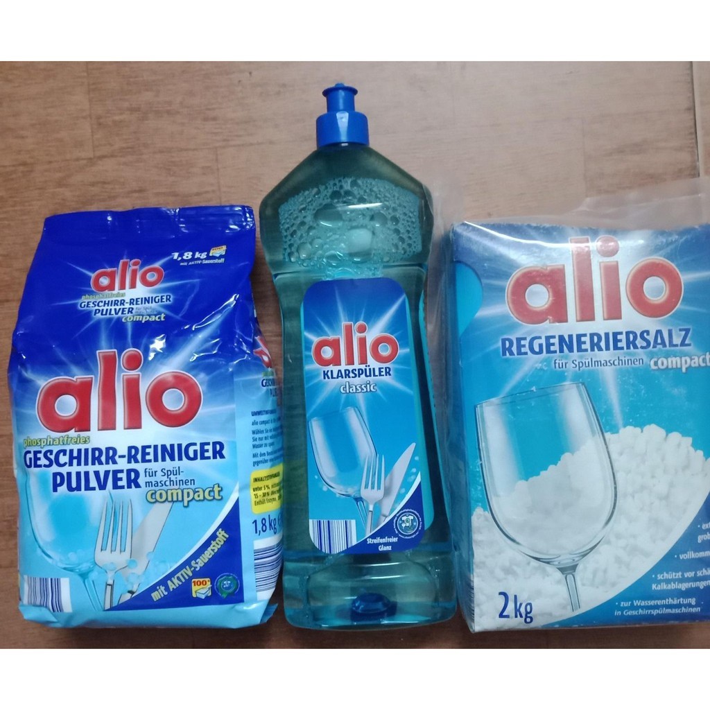 Combo Bột rửa bát Alio + Muối làm mềm + Nước làm bóng Alio