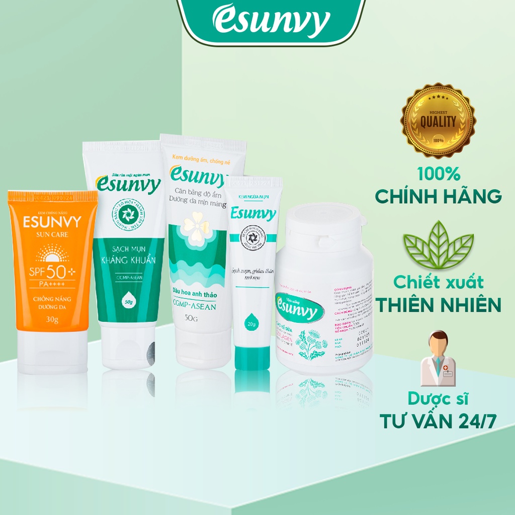 Bộ Chăm Sóc Da Mụn & Chống Nắng Dưỡng Da Esunvy - Giúp Sạch Mụn, Hết Thâm, Mờ Sẹo, Lành Tính, Hiệu Quả CSDMCNDD