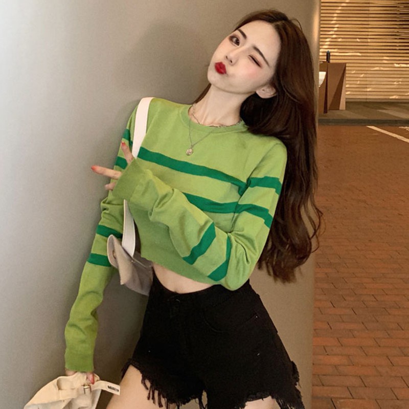 Áo Len Croptop Áo Len Mỏng Sọc Tay Dài Cổ Chữ O Phong Cách Hàn Quốc Cho Nữ
