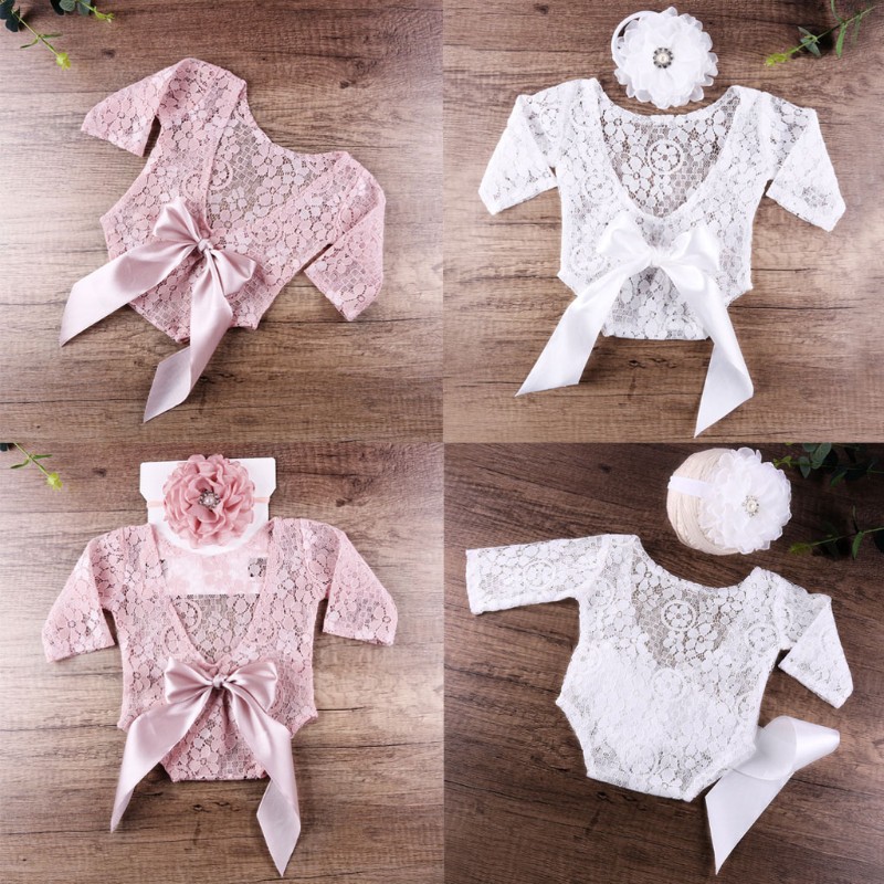 Set áo liền quần và băng đô hoa làm đạo cụ chụp ảnh cho trẻ sơ sinh