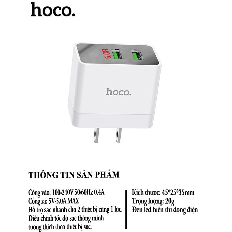 Cốc Sạc Nhanh Hoco DC28 2USB-5A Bảo Toàn Dòng Điện Tương Thích Tất Cả Các Dòng Điện Thoại