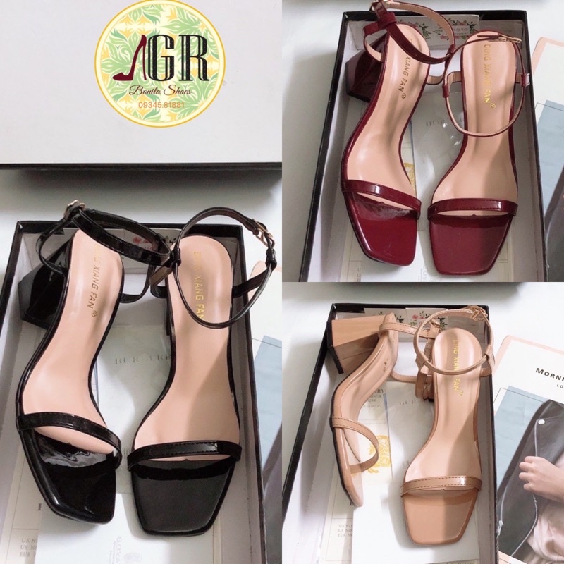 Sandal quai mảnh da bóng gót vuông 6p ( hàng đẹp )