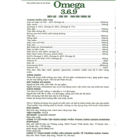 Viên Uống Diệp Lục Omega 369 Giúp Giảm Cholesterol Máu,Giảm Xơ Vữa Động Mạch,Bổ Não, Sáng Mắt, Khỏe Tim Mạch-Hộp 60 Viên