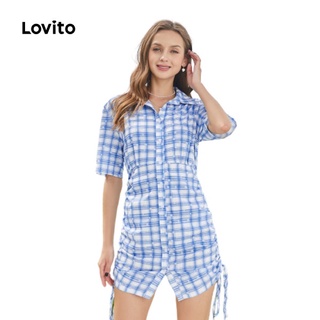 Lovito Đầm Polo cổ bẻ kẻ sọc đơn giản L24AE001 (Xanh)