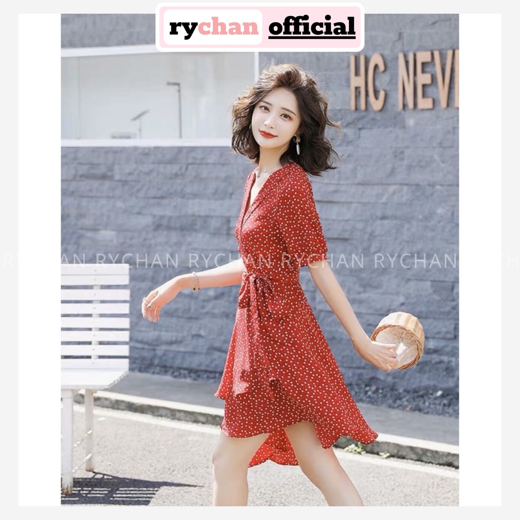 Đầm Xòe Đắp Chéo Nơ Eo Bi Đỏ Cổ V Tay Ngắn Đi Du Lịch - DX778