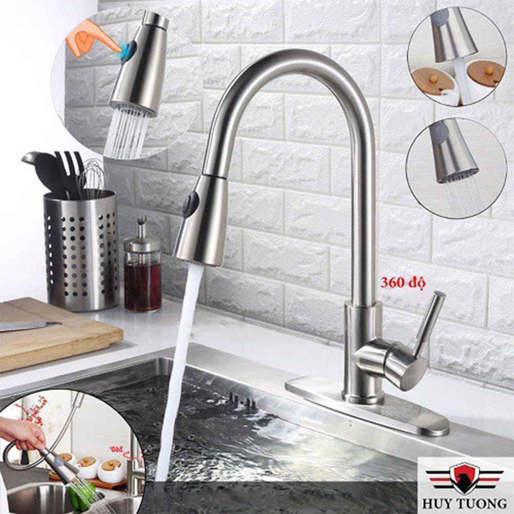 Vòi rửa bát nóng lạnh Inox SUS304 rút dây 2 chế độ, vòi rửa chén bát xịt nước nóng lạnh xoay 360 độ cao cấp - Huy Tưởng