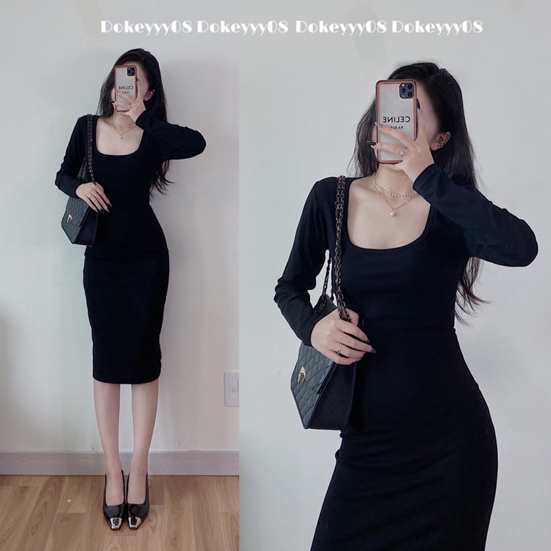 Váy body dài tay dáng dài chất co giãn