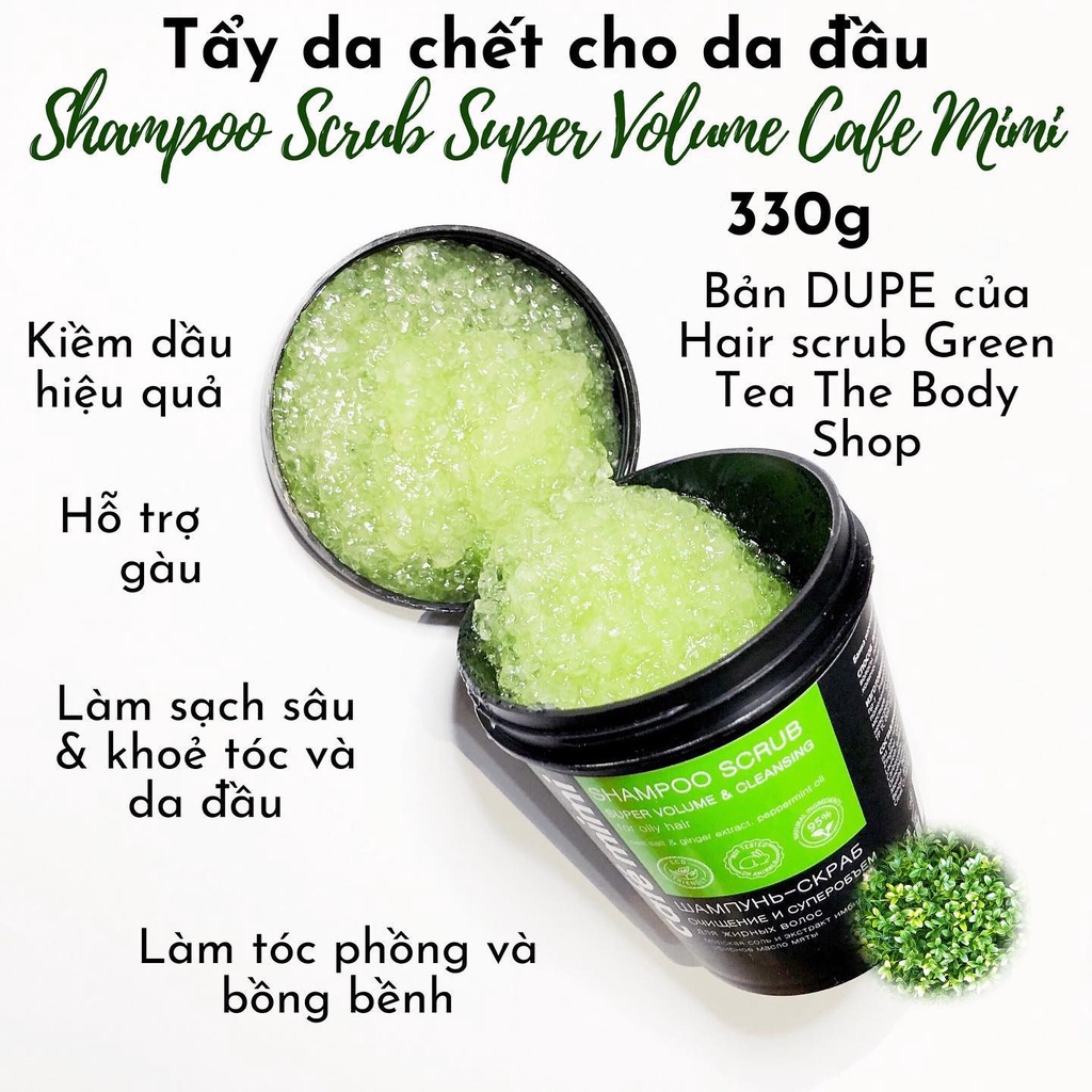 Dầu Gội Tẩy Tế Bào Chết Da Đầu Cafe Mimi Super Volume &amp; Cleansing Shampoo Scrub xanh lá 330g
