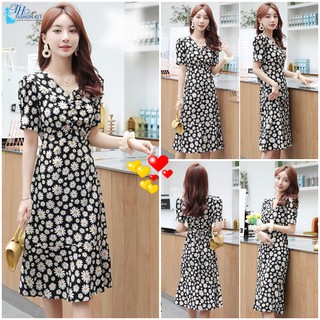 Đầm hoa tay ngắn cổ tim váy nữ dự tiệc công sở dạo phố TH950